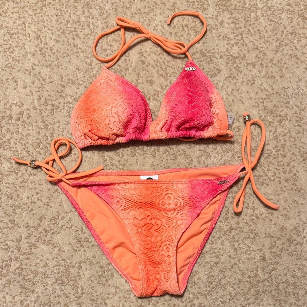 Roxy Orange Pink Ombre Lace Triangle Bikini Set